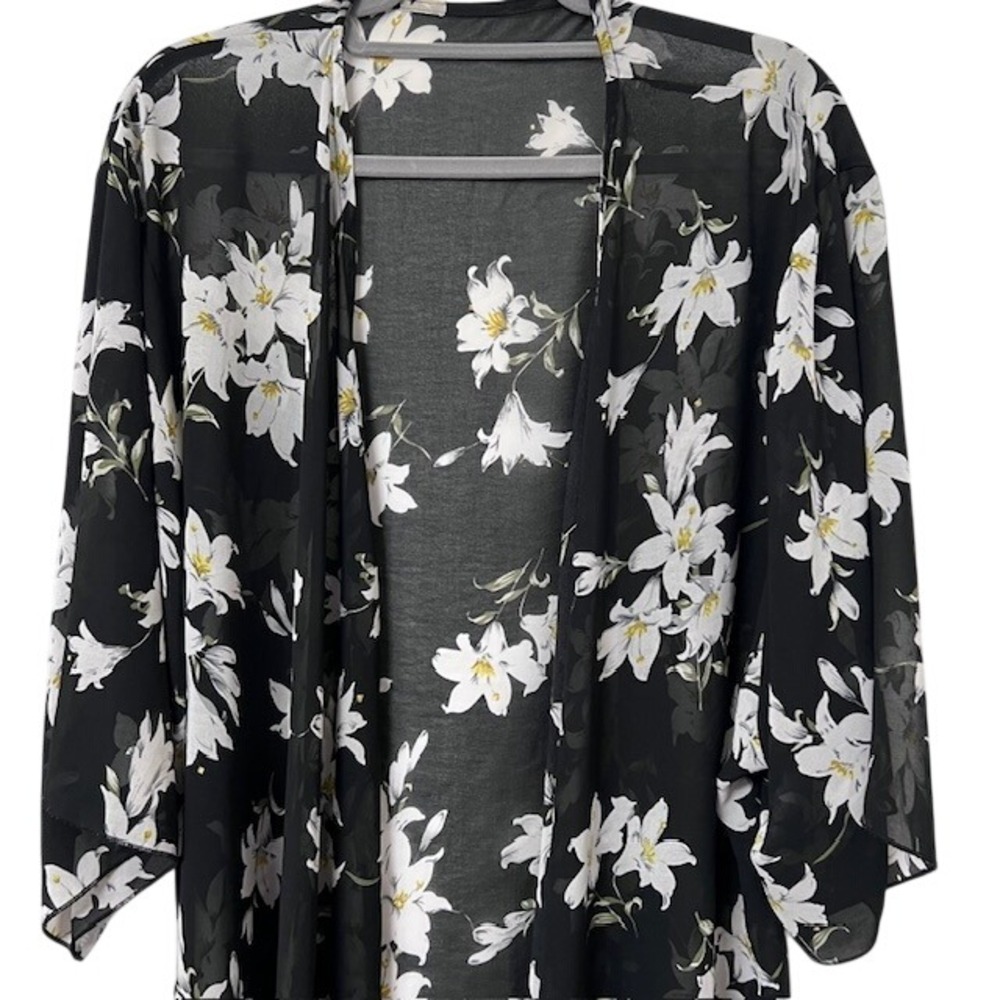 Black White Lily Boho Wrap Floral Chiffon Kimono Cardigan Womens